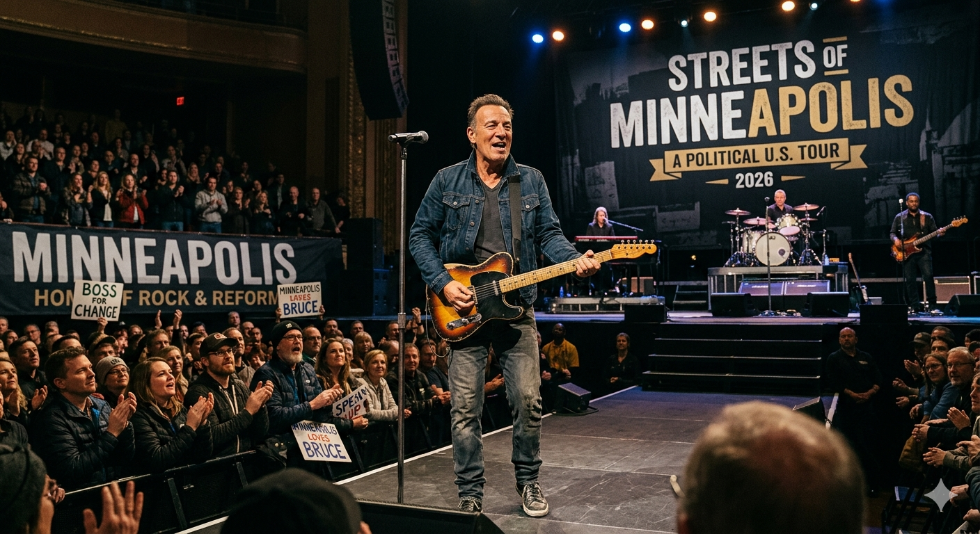 Bruce Springsteen performing live during political US tour 2026