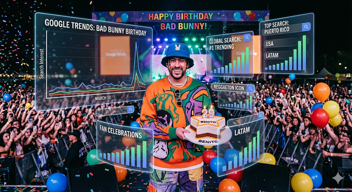 Bad Bunny birthday trending on Google Trends global search interest reggaeton music fans