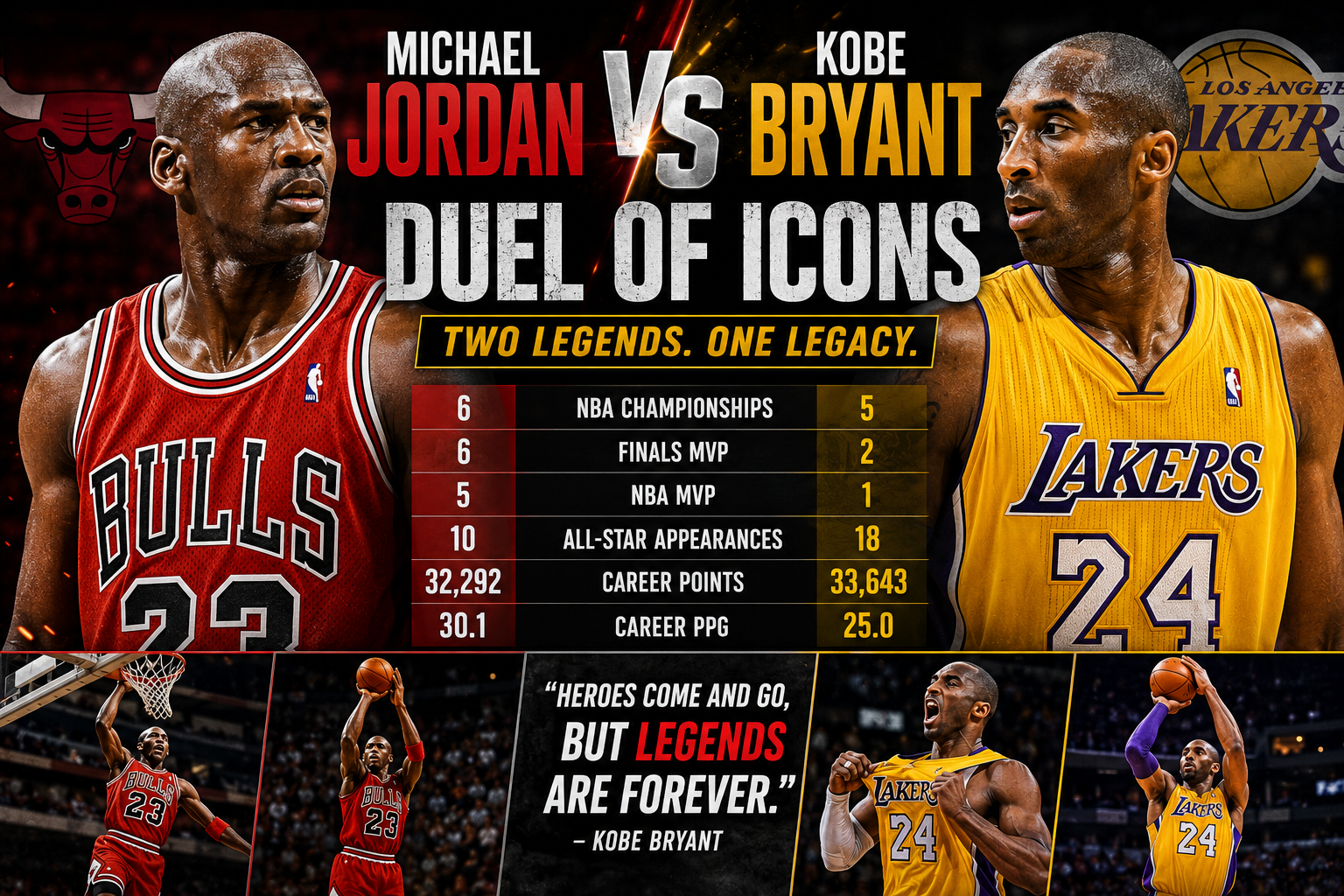 Michael Jordan vs Kobe Bryant NBA legends basketball comparison highlights