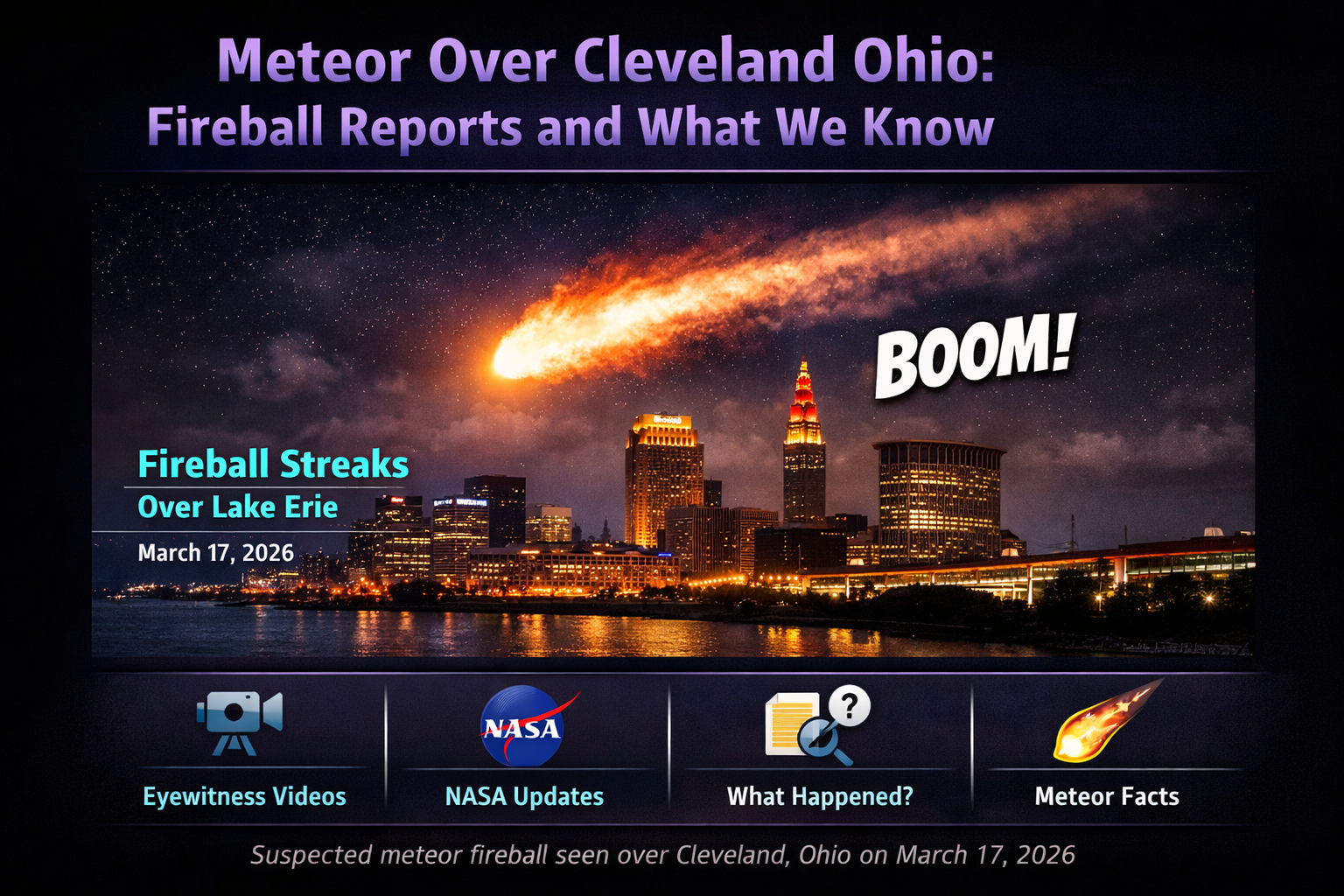 meteor hit Cleveland Ohio bright fireball night sky explosion report