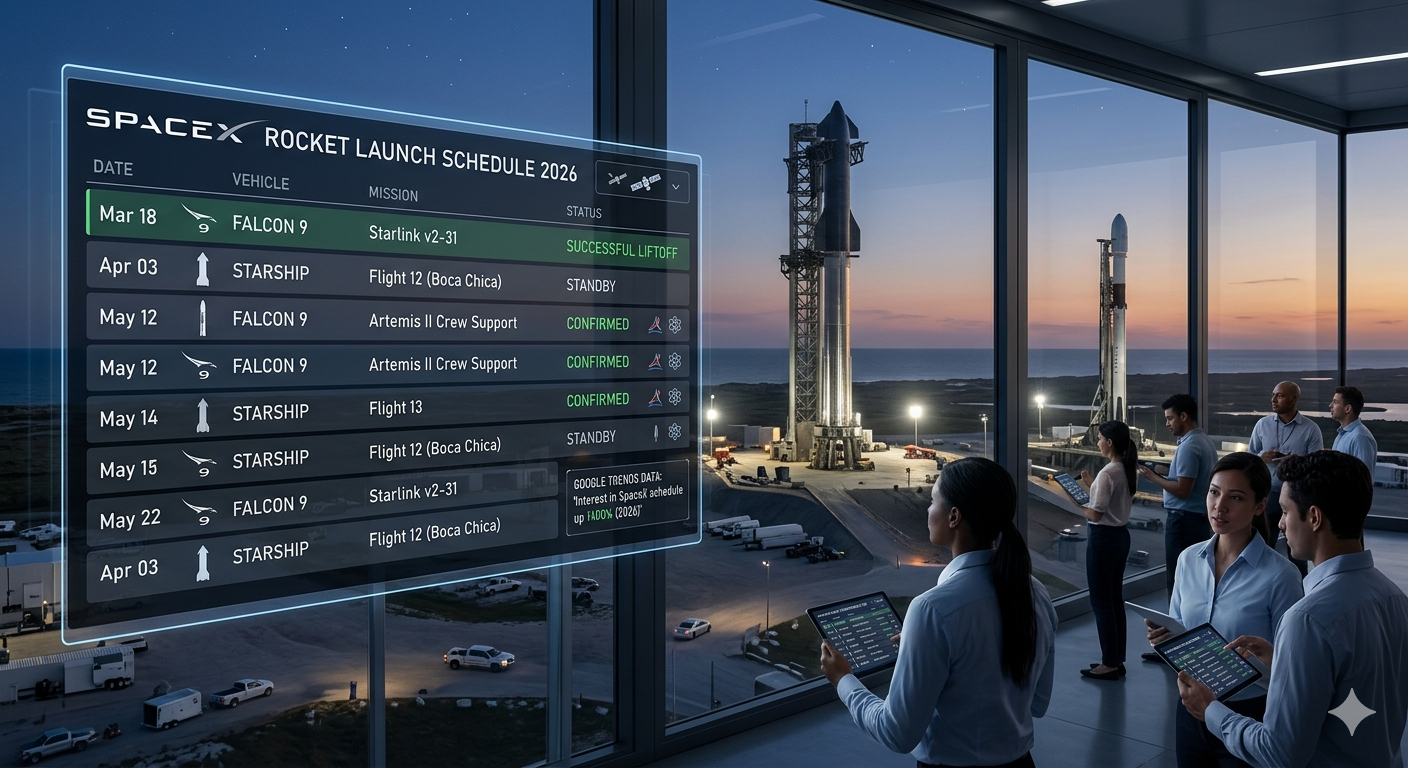 SpaceX rocket launch schedule 2026 upcoming missions NASA Falcon 9 liftoff