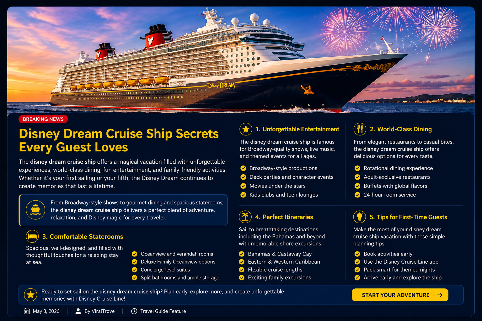 Disney Dream cruise ship sailing at sunset