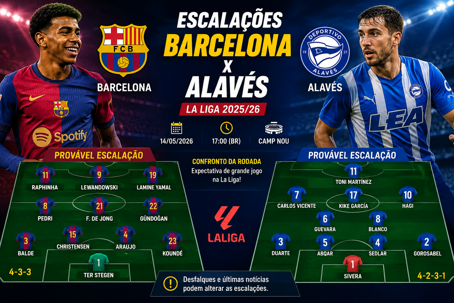 Escalações de Barcelona x Alavés jogo da La Liga