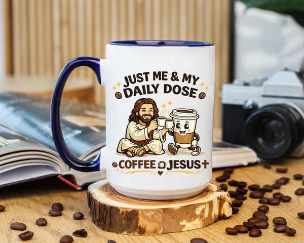 Christian coffee mug with Coffee and Jesus inspirational design on ceramic cup