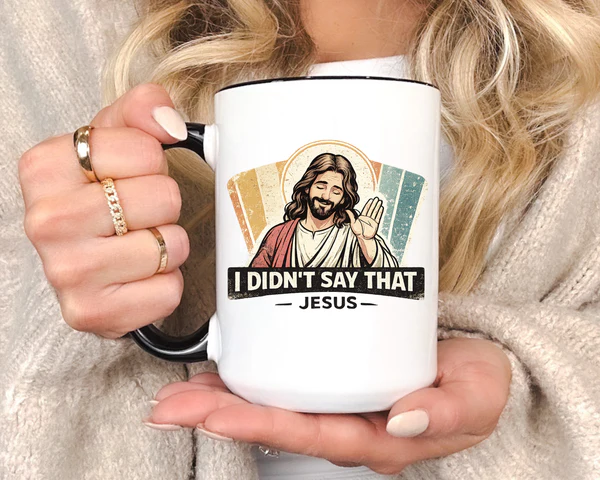 Funny Jesus mug displayed as a thoughtful Christian gift for church friends and family