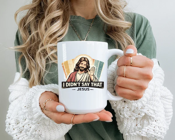 Close-up detail of the distressed vintage design on the Christian humor coffee mug