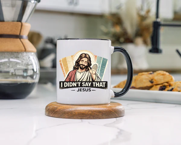 Funny Jesus coffee mug packaging ready for gifting as a Christian present
