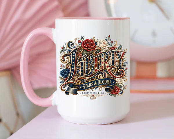 Vintage Patriotic Floral Coffee Mug with white exterior and blue accent celebrating American freedom