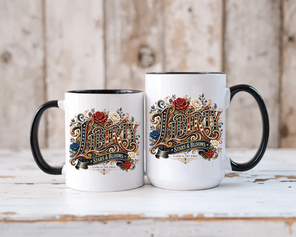 Vintage Patriotic Floral Coffee Mug with Liberty Stars and Blooms celebrating American freedom