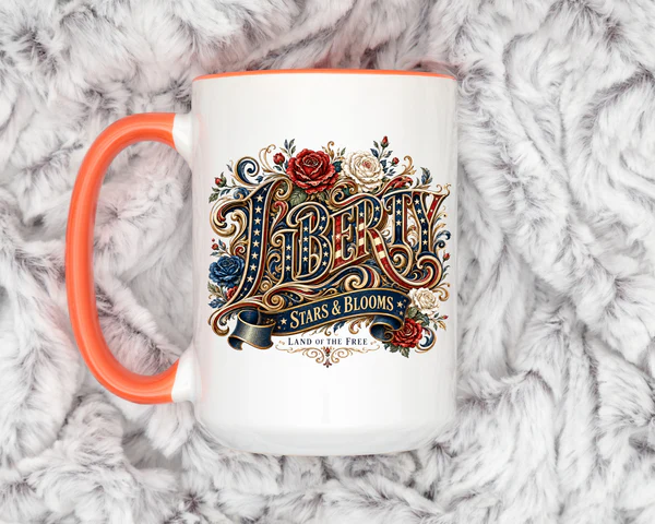 Liberty Stars and Blooms Mug on table symbolizing American freedom and patriotic spirit