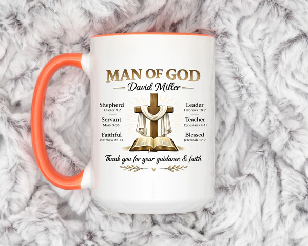 Side view of Christian Pastor Appreciation Gift mug with cross and Bible design