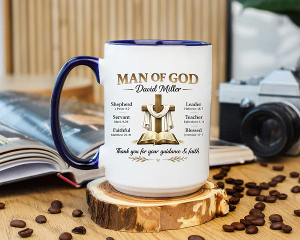 Man of God Mug with navy accent handle showing full personalized Christian design