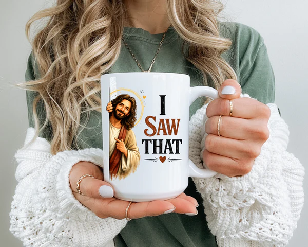 Best-selling Funny Christian Jesus Mug featuring the 'I Saw That' design on a white ceramic cup