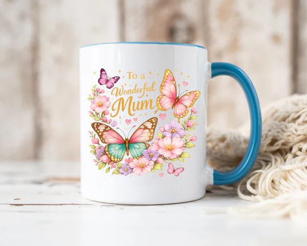 Close-up of the floral and butterfly watercolor design on the To My Wonderful Mum mug