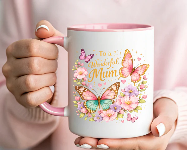 Gift-ready packaging for the floral butterfly mug showing the handle color accent