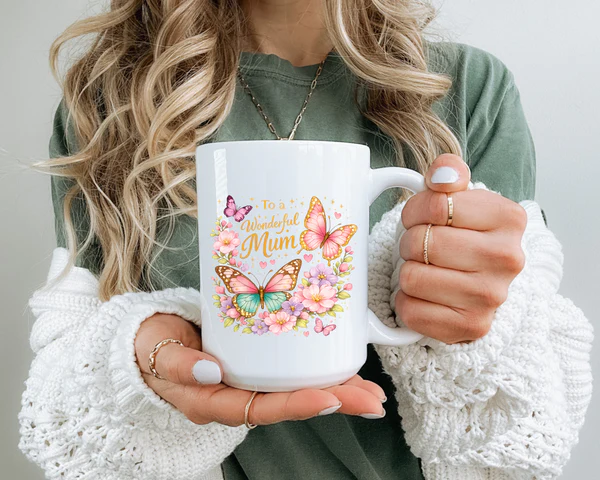 Butterfly floral mug displayed showing the green accent interior and comfortable C-handle