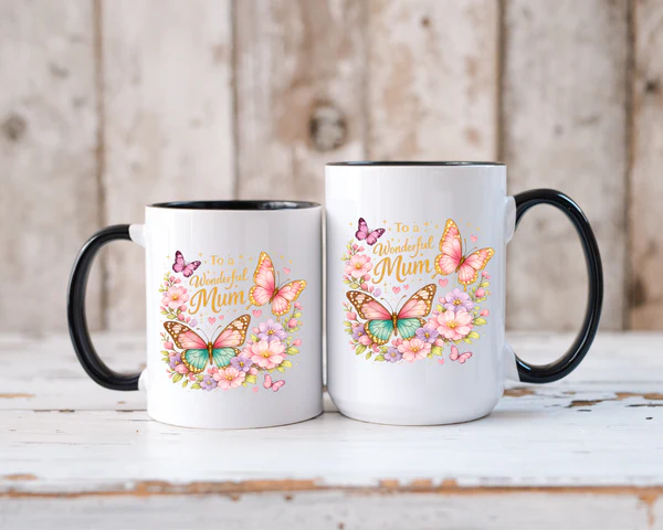 To My Wonderful Mum Butterfly Mug with vibrant floral and butterfly artwork