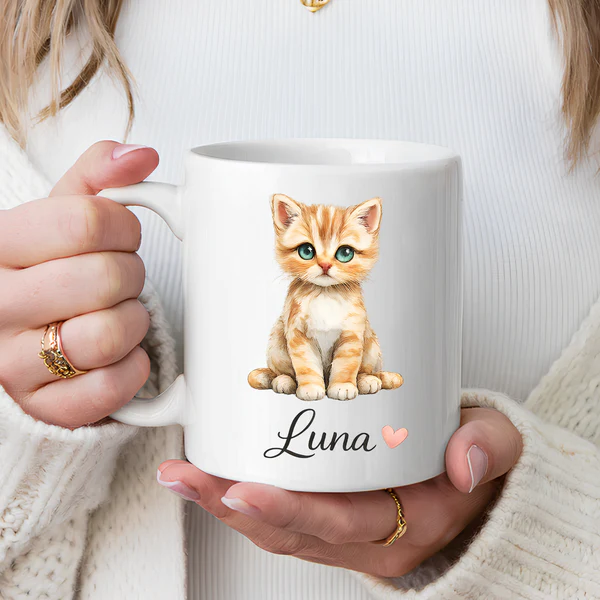 Personalized Cat Lover Mug with custom cat name and kitten illustration on classic white ceramic