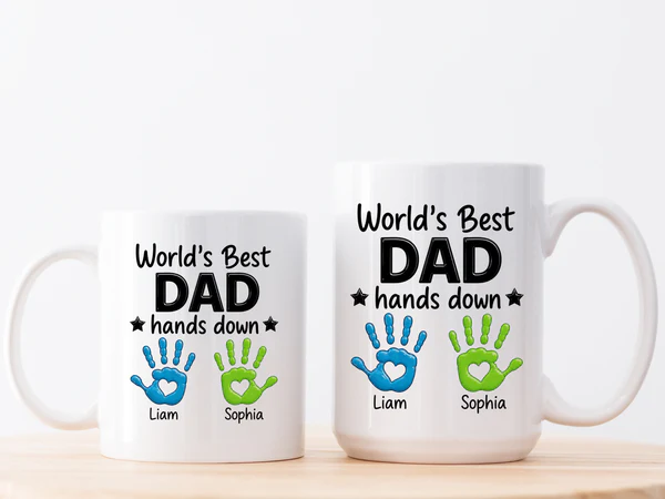 Personalized World's Best Dad Coffee Mug with colorful handprint design
