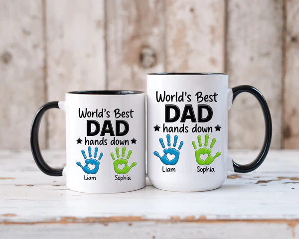 Side angle view of custom dad coffee mug in blue with handprint art
