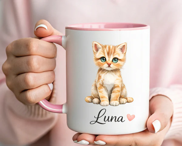 Close-up detail of custom cat name printed on the personalized cat lover mug with kitten silhouette