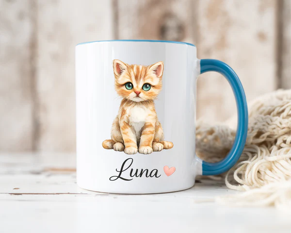 Person holding a personalized cat lover mug with custom name, filled with morning coffee