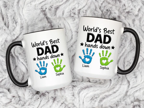 Collection of personalized dad mugs showing black, yellow, and pink color variations