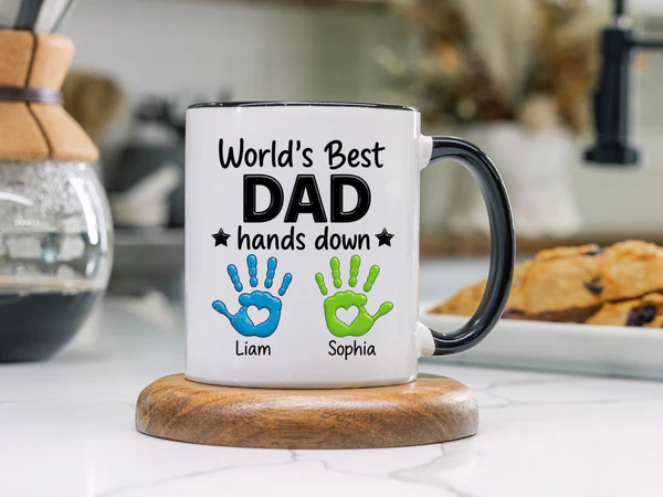 Dad birthday gift mug with World's Best Dad text and colorful child handprints