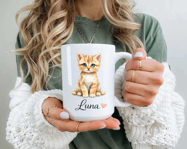 Color accent personalized cat lover mug with bright interior and custom cat name on white exterior