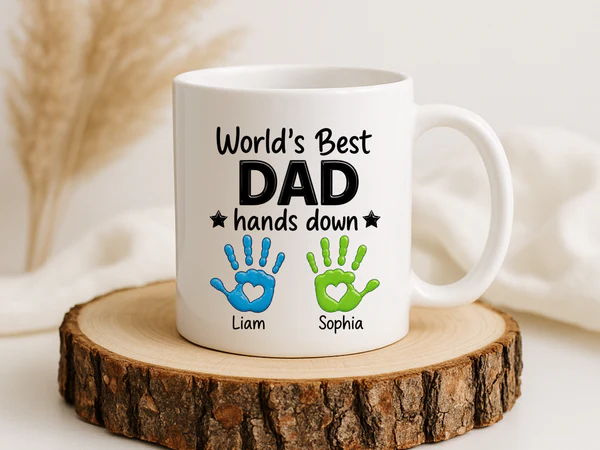 Front view of yellow personalized dad mug with 'World's Best Dad' and handprint