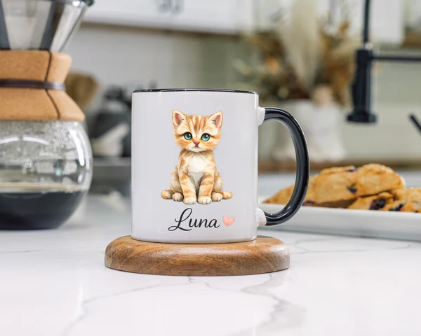 Top-down view of the personalized cat lover mug showing the custom design and ceramic rim