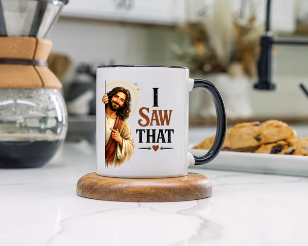 Woman happily holding the funny Jesus mug with both hands in a bright, cozy kitchen setting