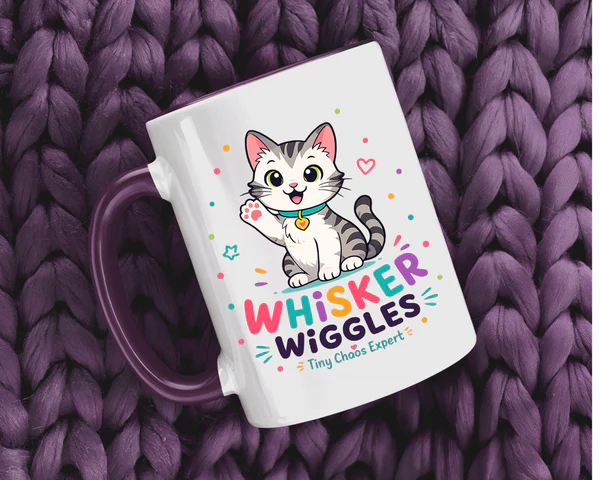Cute Cat Lover Mug with Whisker Wiggles design and personalized cat name