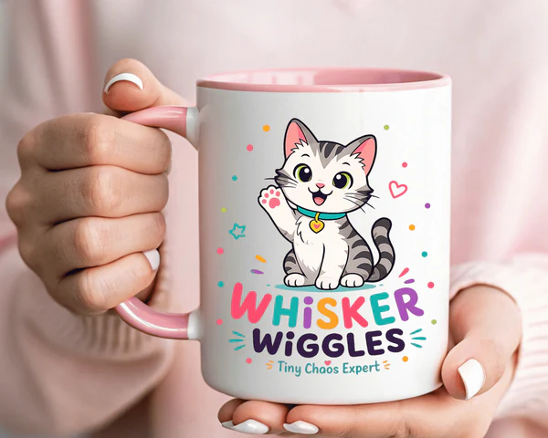 Side view of Whisker Wiggles cat mug showing interior color accent