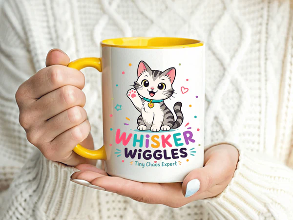 Color accent options of Whisker Wiggles cat mug showing purple interior